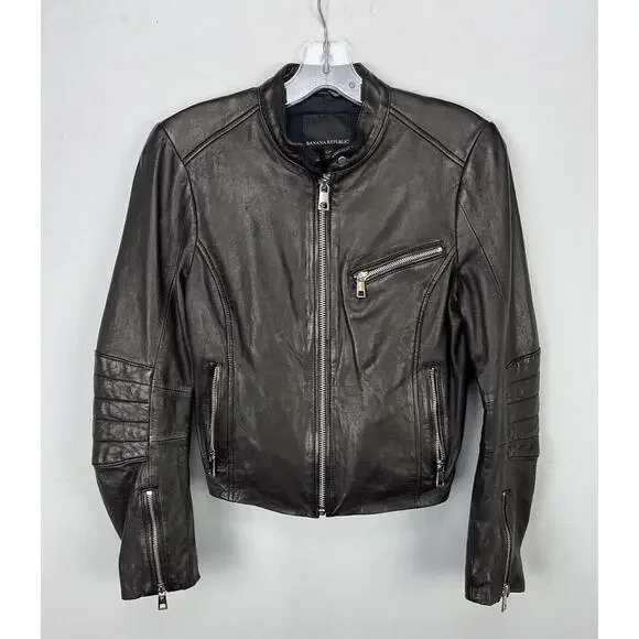 Banana Republic Cropped Leather Moto Jacket Black Size S - Picture 1 of 6